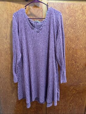 Long Sleeve V-Neck Knit Swing Dress in Mauve Heather